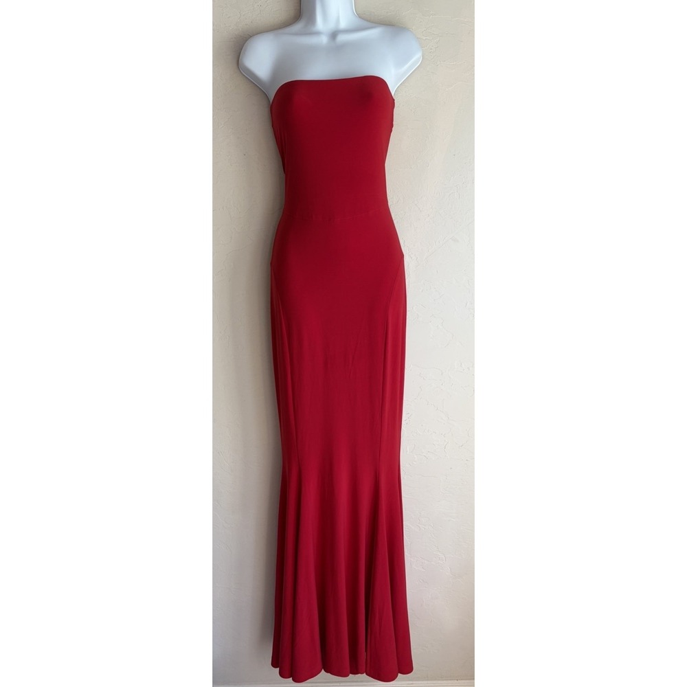 Norma Kamali Strapless Fishtail Maxi Gown L Tiger Red Minimalist Vamp Luxury